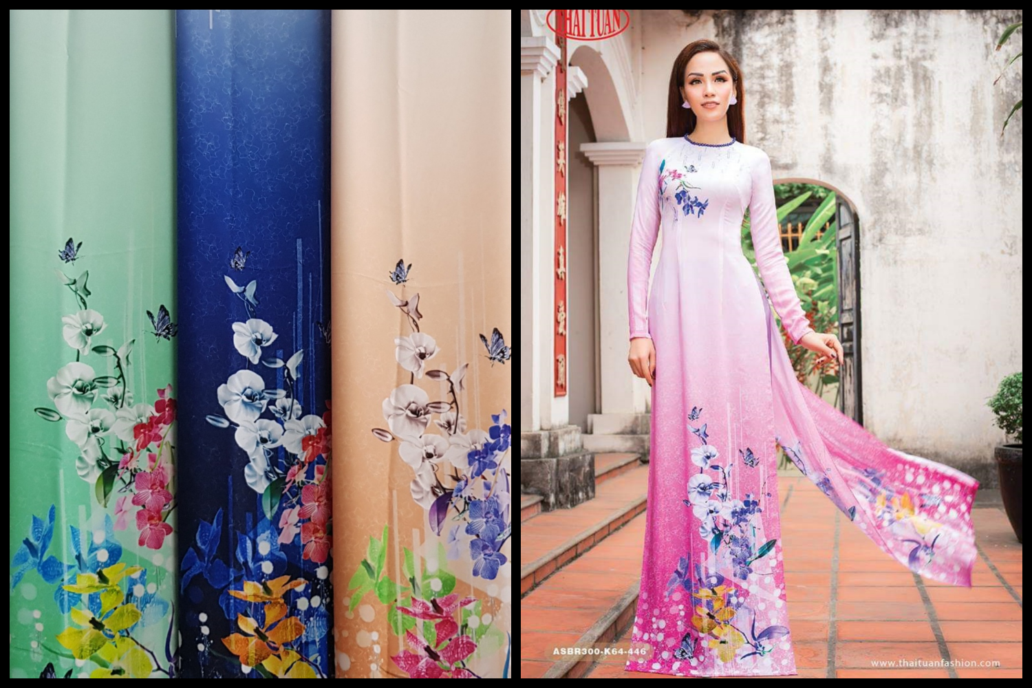 Made-to-measure ao dai by Mark&Vy using high quality, Thai Tuan fabric. Pretty floral motif.