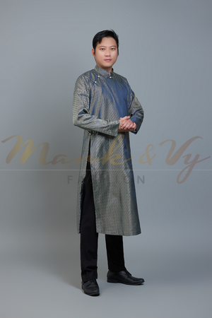 Men's ao dai in dark blue and champagne color - Vietnamese national clothing. Free custom fit.