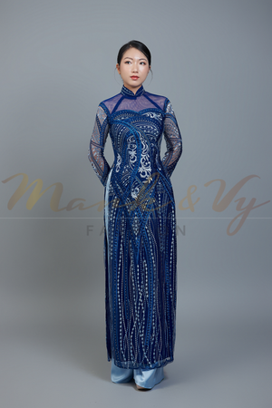 Custom Ao Dai featuring stunning lace over dark blue color chiffon lining