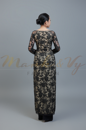 Custom Ao Dai. Black, rose motif lace