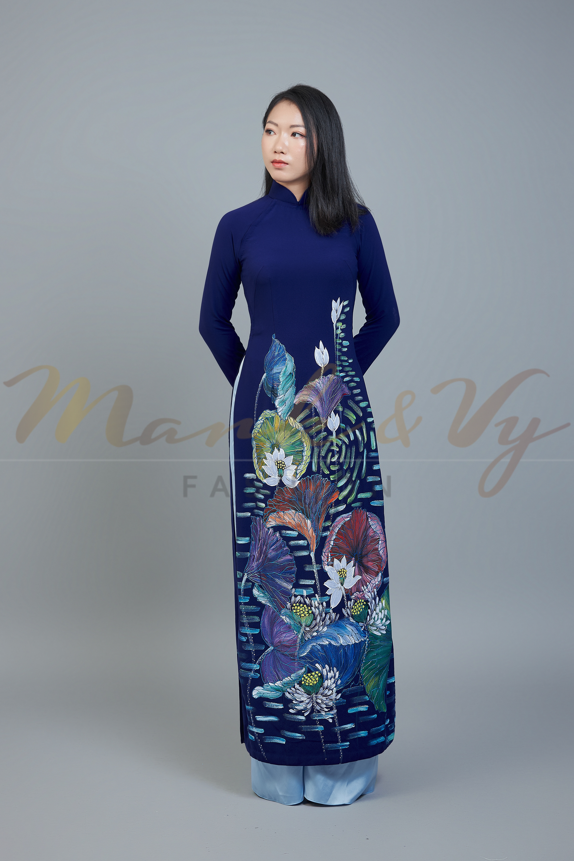 Custom made ao dai. Unique, hand-painted, dark blue fabric, traditional Vietnamese dress.
