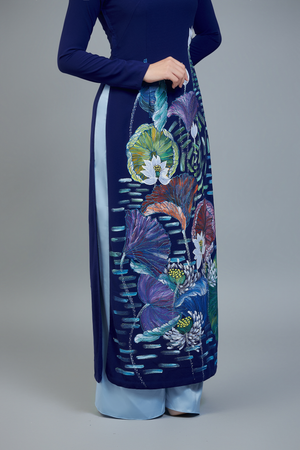 Custom made ao dai. Unique, hand-painted, dark blue fabric, traditional Vietnamese dress.