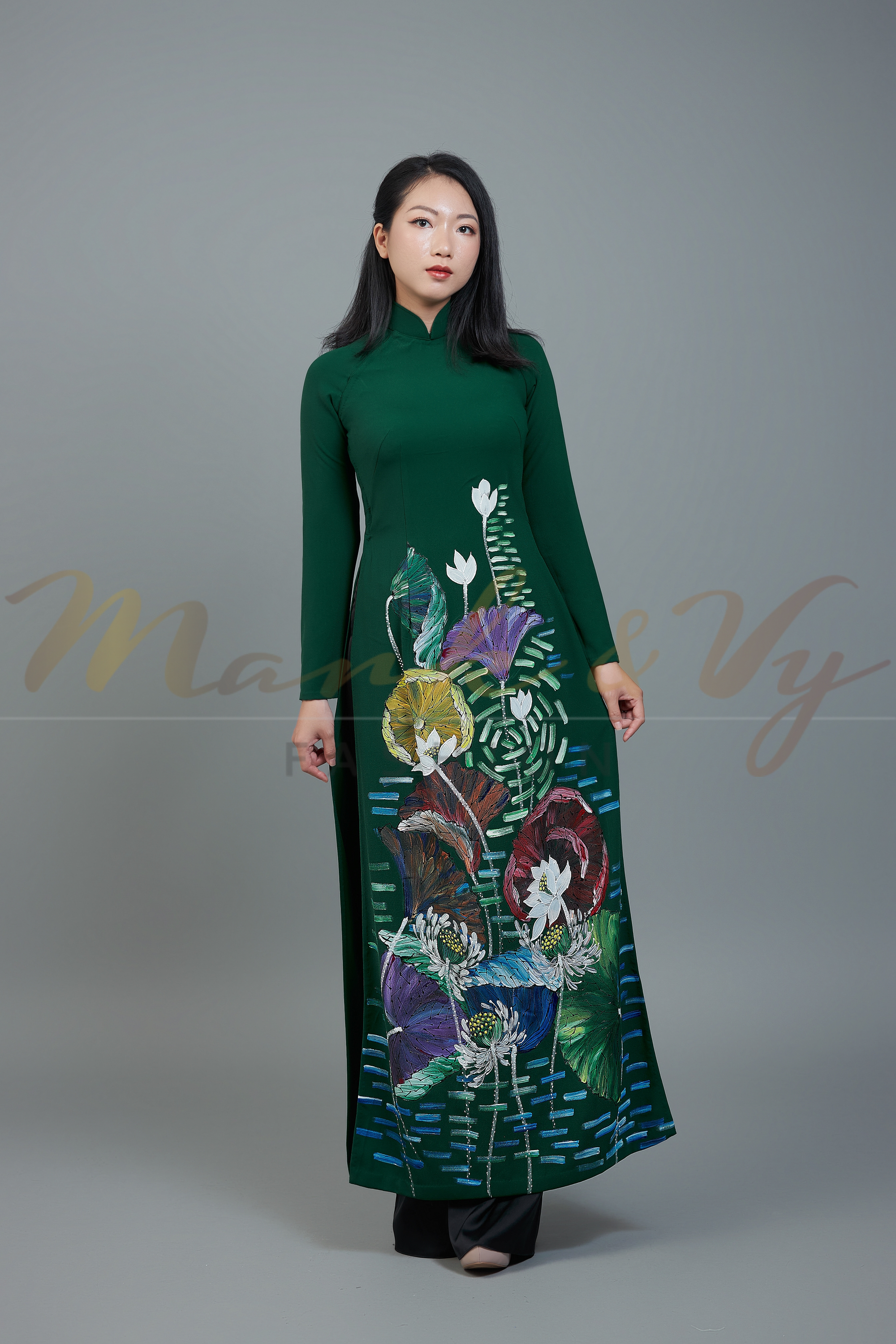 Custom made ao dai. Unique, hand-painted fabric in elegant, dark green color.