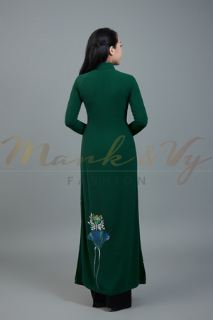 Custom made ao dai. Unique, lotus hand-painted in elegant, dark green color.