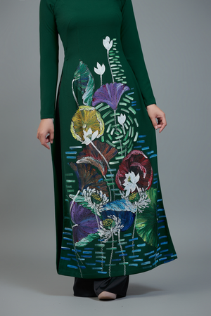 Custom made ao dai. Unique, lotus hand-painted in elegant, dark green color.