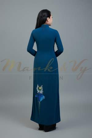 Custom made ao dai. Unique, hand-painted fabric in elegant blue color.