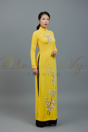 Custom made ao dai. Unique, hand-painted, floral motif on yellow fabric.