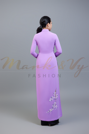 Custom made ao dai. Unique, hand-painted, floral motif on light purple fabric.