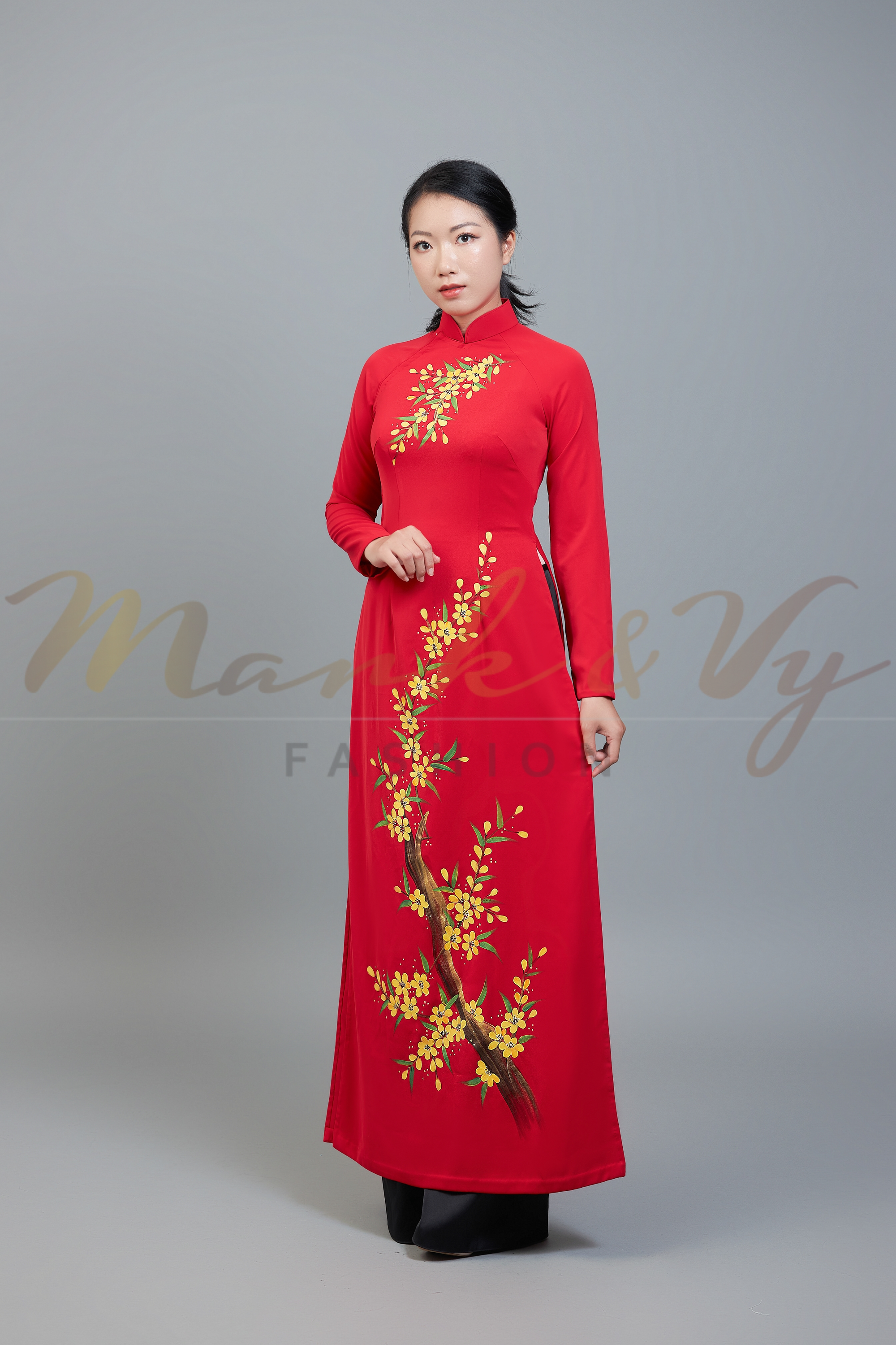 Custom made ao dai. Unique, hand-painted, floral motif on striking, red fabric.