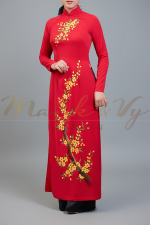 Custom made ao dai. Unique, hand-painted, floral motif on striking, red fabric.