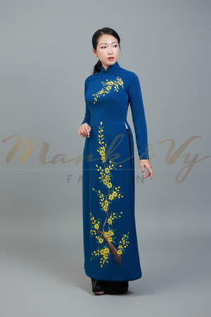Custom made ao dai. Unique, hand-painted, floral motif on stunning blue fabric.