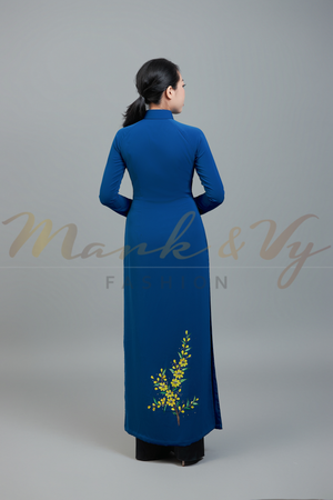 Custom made ao dai. Unique, hand-painted, floral motif on stunning blue fabric.