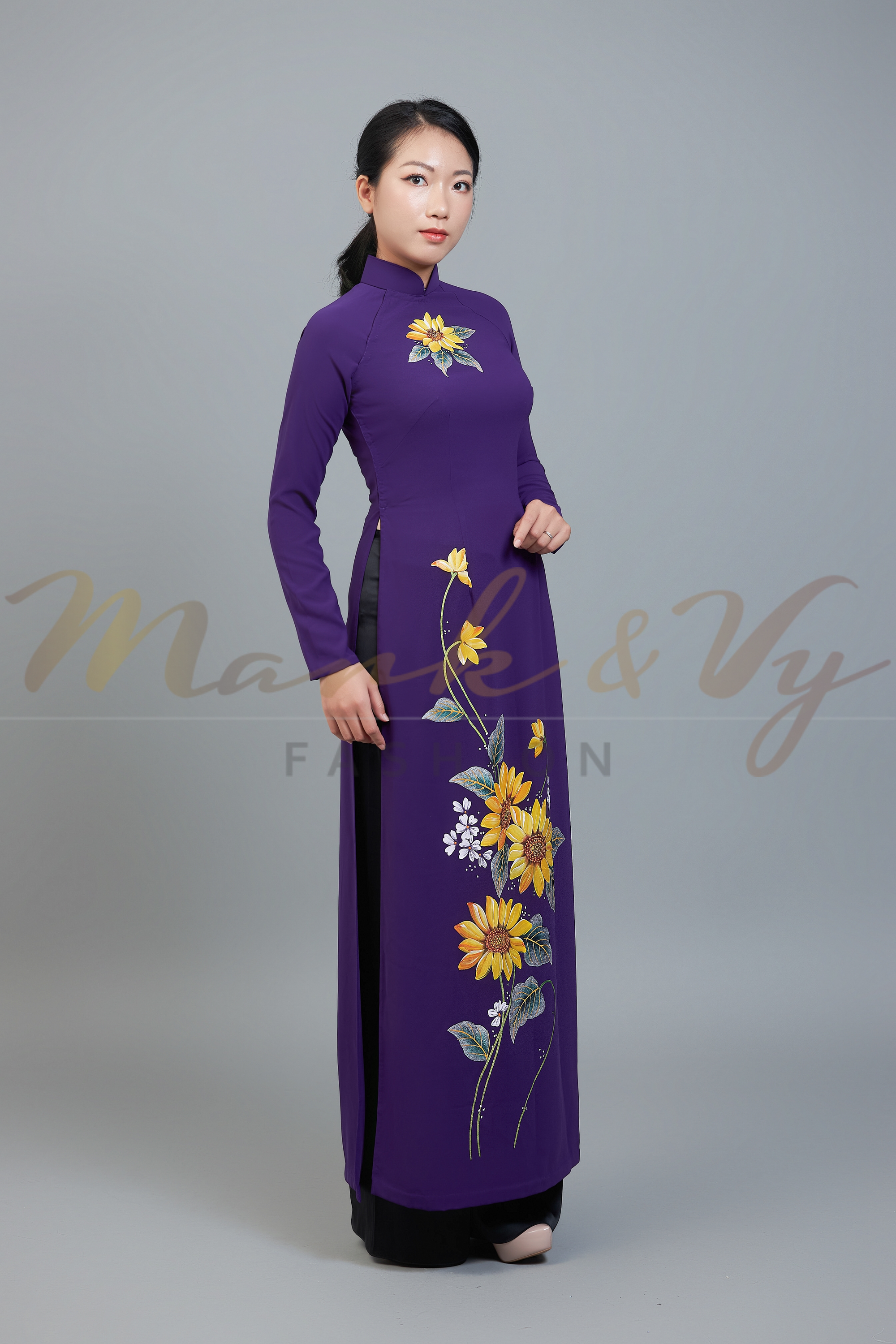 Custom made ao dai. Unique, hand-painted, floral motif on regal, purple fabric.