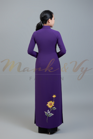 Custom made ao dai. Unique, hand-painted, floral motif on regal, purple fabric.
