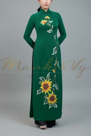 Custom made ao dai. Unique, hand-painted, floral motif on elegant, green fabric.
