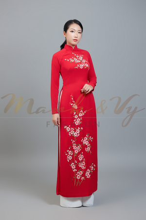 Custom made ao dai. Unique, hand-painted, floral motif on eye-catching, red fabric.