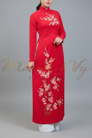 Custom made ao dai. Unique, hand-painted, floral motif on eye-catching, red fabric.