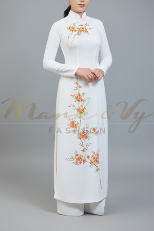 Custom made ao dai. Unique, hand-painted, floral motif on stunning, white fabric.