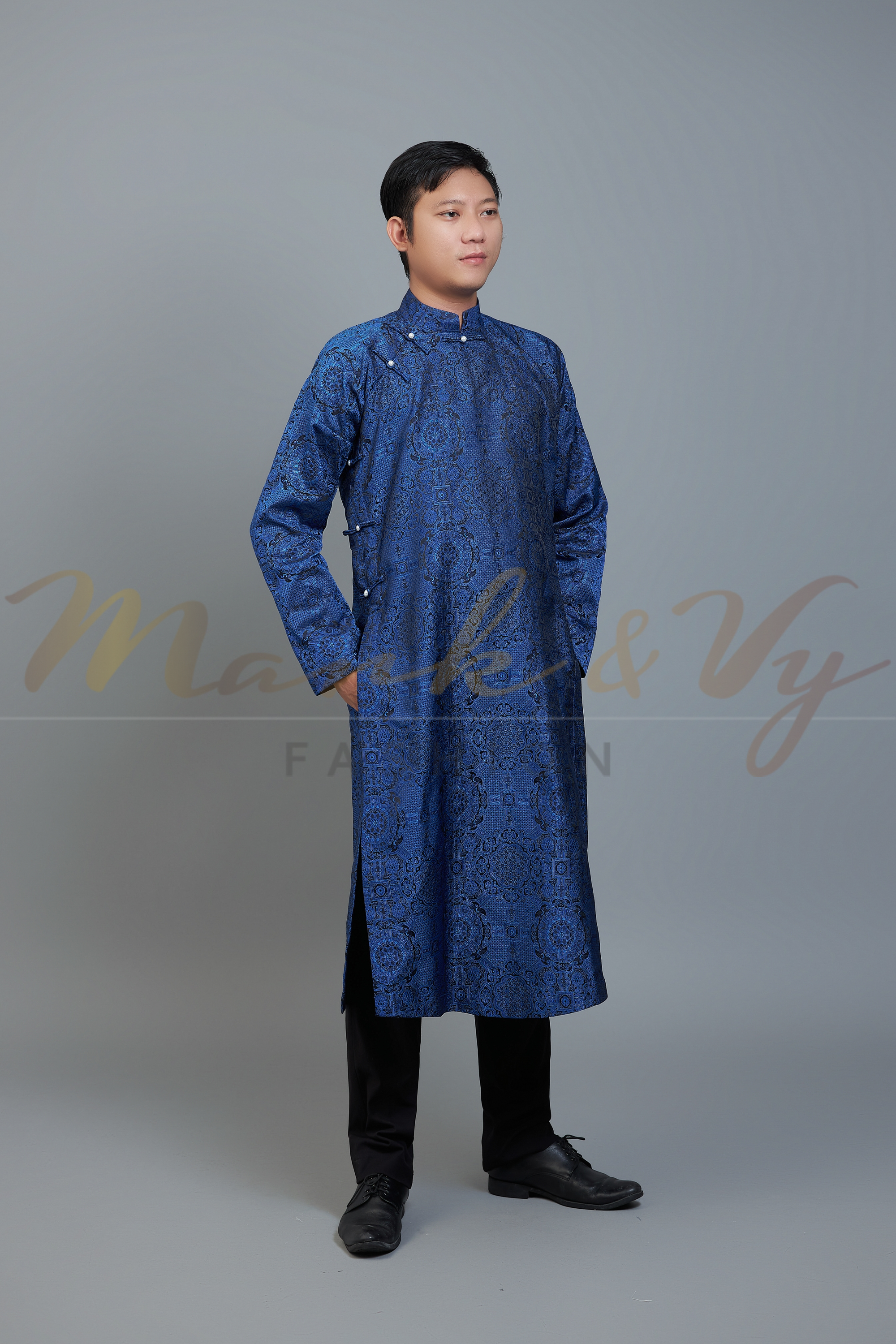 Men's ao dai in blue and black fabric - Vietnamese national clothing. Free custom fit.