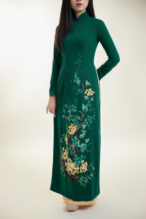 Floral Hand-painted Ao Dai on Green Silk