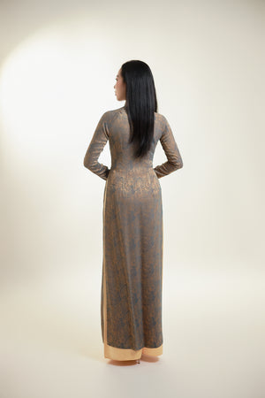 Thai Tuan Silk Brocade Ao Dai with Black and Gold Floral Pattern