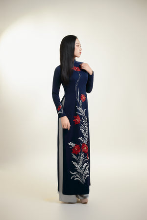 Ao Dai with Red Chrysanthemum Embroidered on Dark Blue Silk