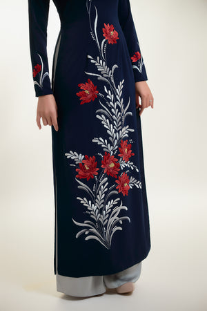 Ao Dai with Red Chrysanthemum Embroidered on Dark Blue Silk