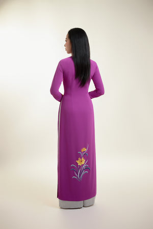 Ao Dai with Chrysanthemum Embroidered on Magenta Silk