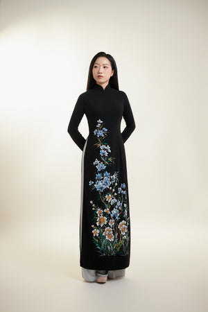 Hand-painted Ao Dai on Black Silk and Grey Pants