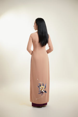 Hand-painted Ao Dai on Nude Pink Silk and Purple Pants