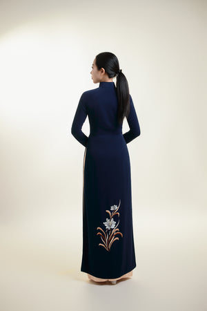 Ao Dai with Chrysanthemum Embroidered on Dark Blue Silk