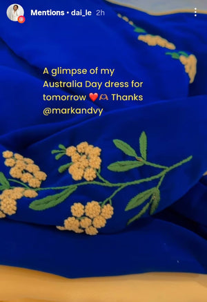 Australian Flag ao dai. Made-to-measure ao dai featuring hand-embroidered, Australian flag & golden wattle flower design