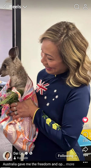 Australian flag ao dai. Made-to-measure silk ao dai featuring hand-embroidered, Australian flag & golden wattle flower design