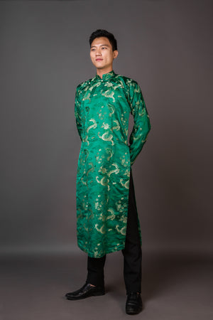 Green Men's ao dai with Dragon design - Vietnamese national clothing.