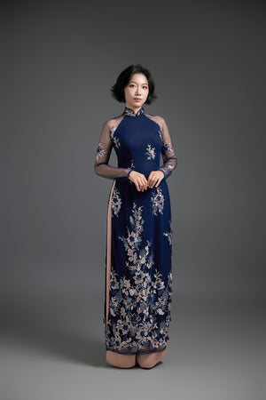 Embroidered Navy Lace Ao Dai