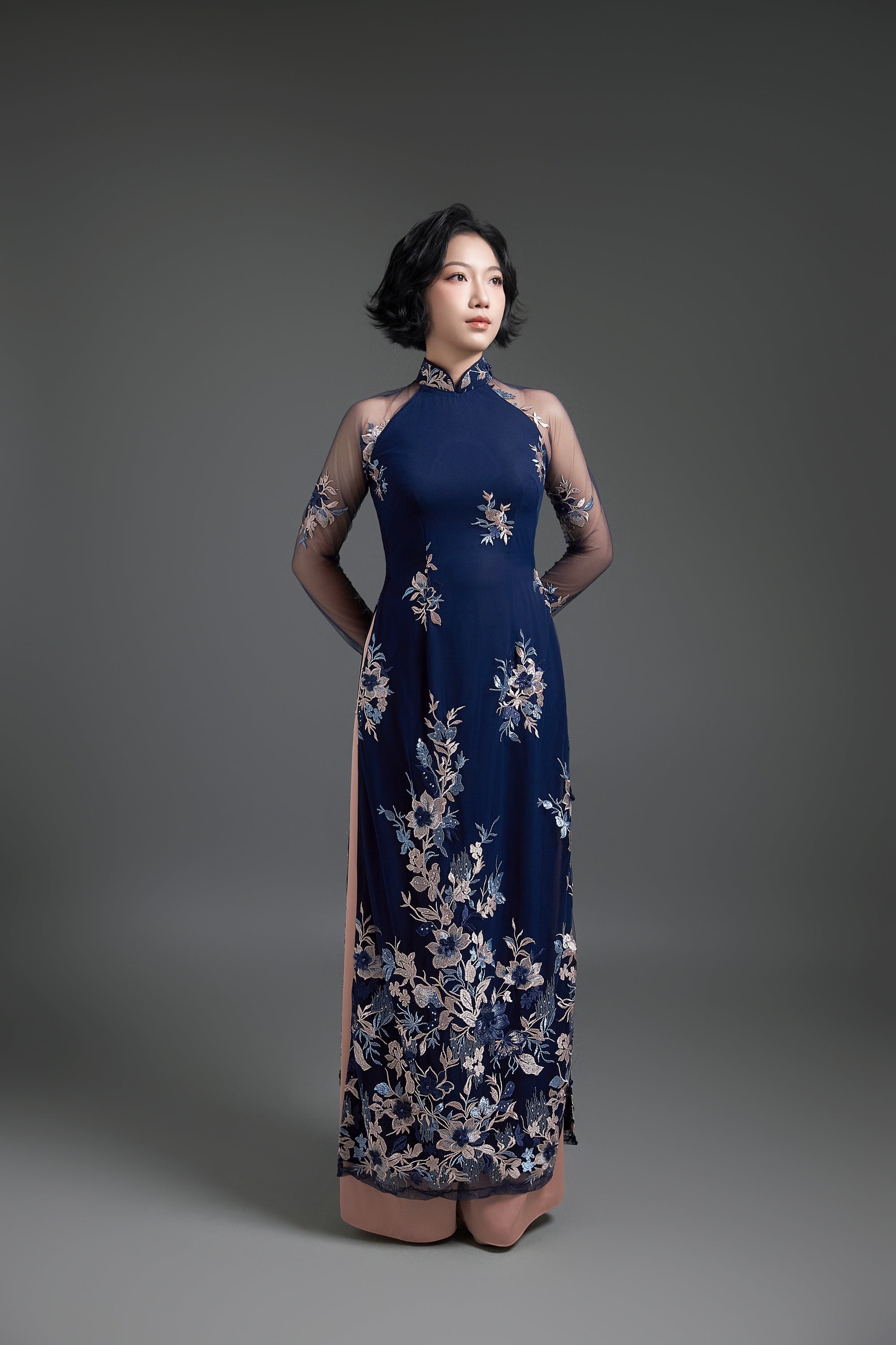 Embroidered Navy Lace Ao Dai - Mark&Vy Ao Dai Embroidered Navy Lace Ao Dai - Mark&Vy Ao Dai