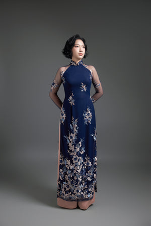 Embroidered Navy Lace Ao Dai