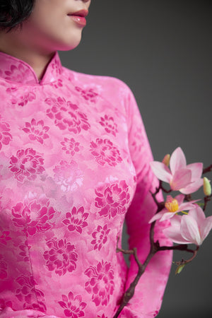 Pink Silk Brocade Áo Dài with Lotus Blossom Motif