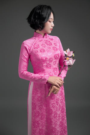 Pink Silk Brocade Áo Dài with Lotus Blossom Motif