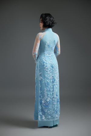 Pastel Blue Lace Ao Dai with Lotus Embroidery