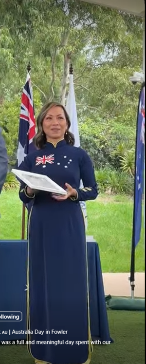 Australian flag ao dai. Made-to-measure silk ao dai featuring hand-embroidered, Australian flag & golden wattle flower design