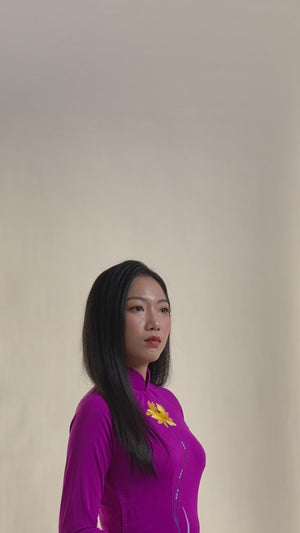 Ao Dai with Chrysanthemum Embroidered on Magenta Silk