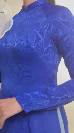 Thai Tuan Silk Brocade Ao Dai in Blue with Leaf Pattern