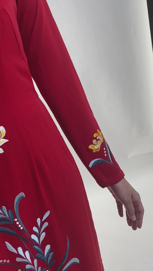 Ao Dai with Chrysanthemum Embroidered on Red Silk