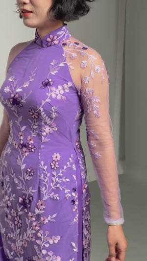 Purple Lace Ao Dai with Lotus Embroidery