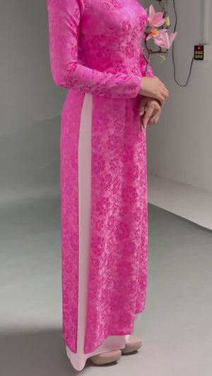 Pink Silk Brocade Áo Dài with Lotus Blossom Motif