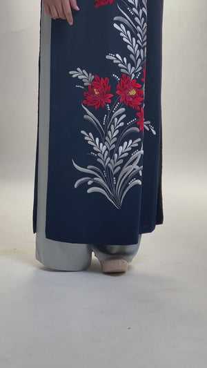 Ao Dai with Red Chrysanthemum Embroidered on Dark Blue Silk