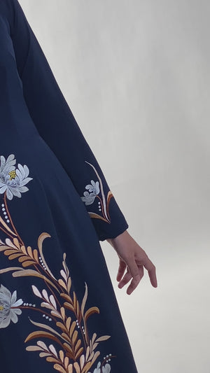 Ao Dai with Chrysanthemum Embroidered on Dark Blue Silk