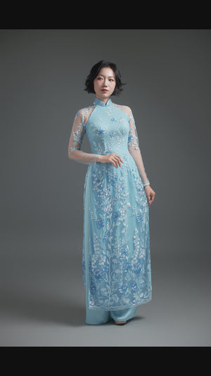 Pastel Blue Lace Ao Dai with Lotus Embroidery
