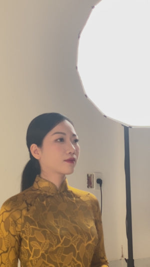 Thai Tuan Silk Brocade Ao Dai in Gold with Leaf Pattern